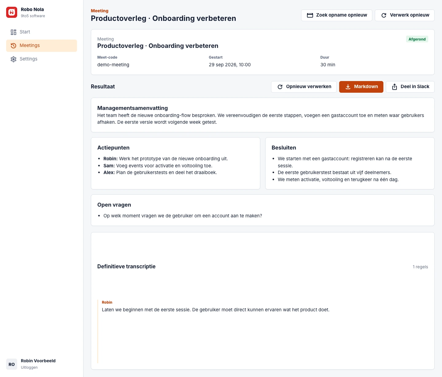 App-interface met demogegevens